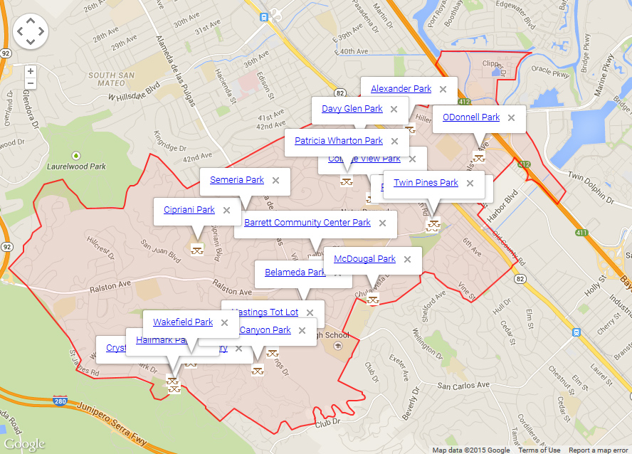 Map of Belmont showing parks