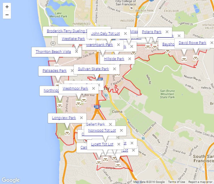 Map of Daly City showing parks