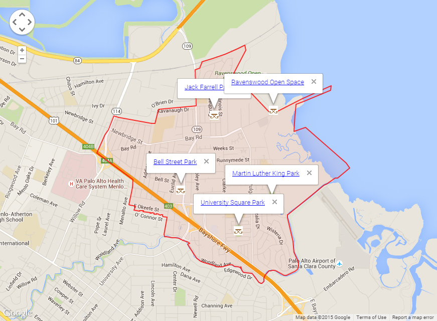 Map of East Palo Alto showing parks