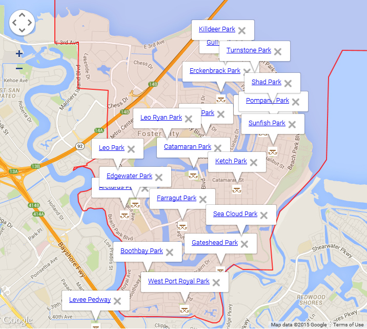 Map of Foster City showing parks