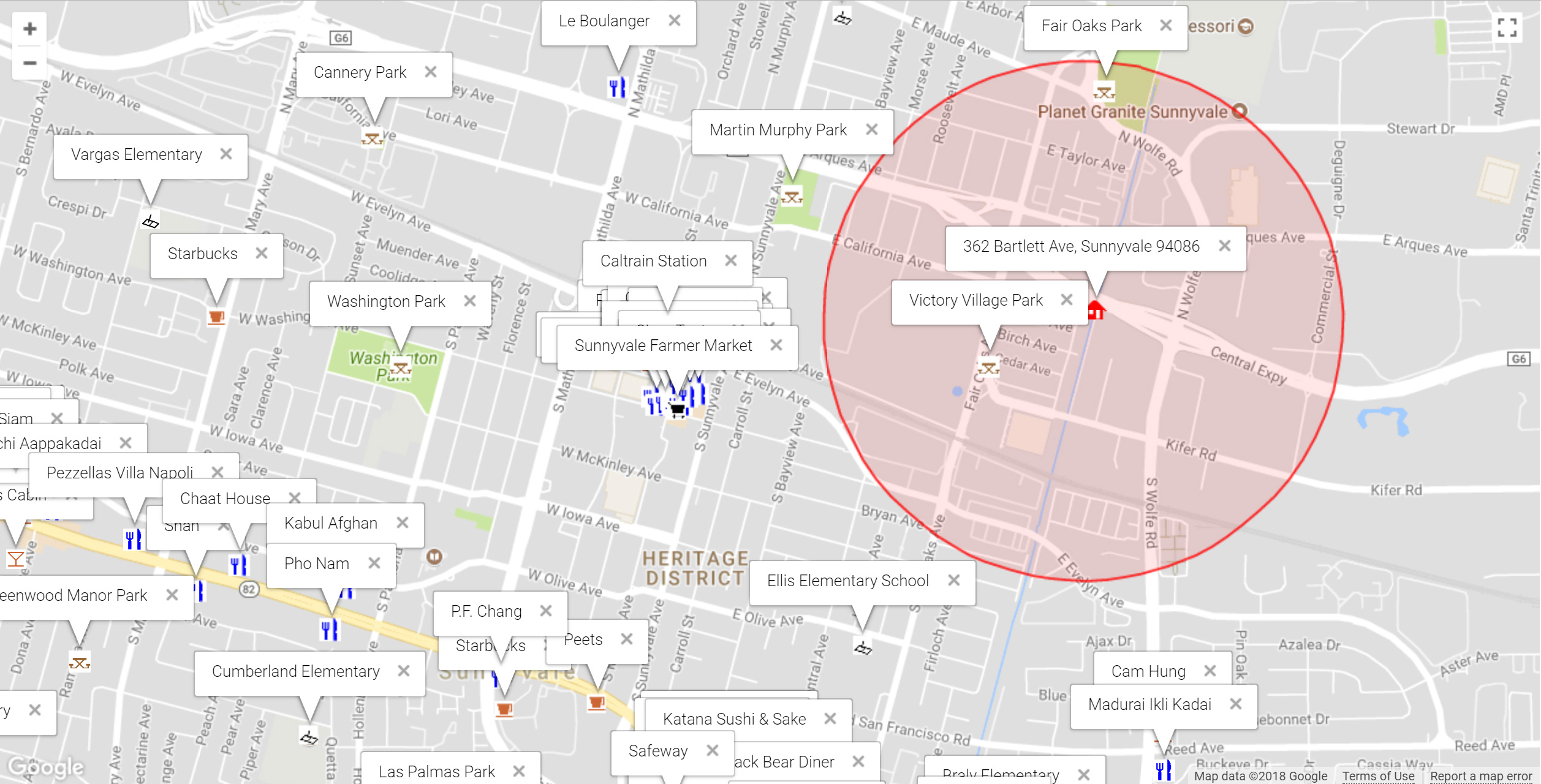 Map of attractions near 362 Bartlett Ave, Sunnyvale 94086