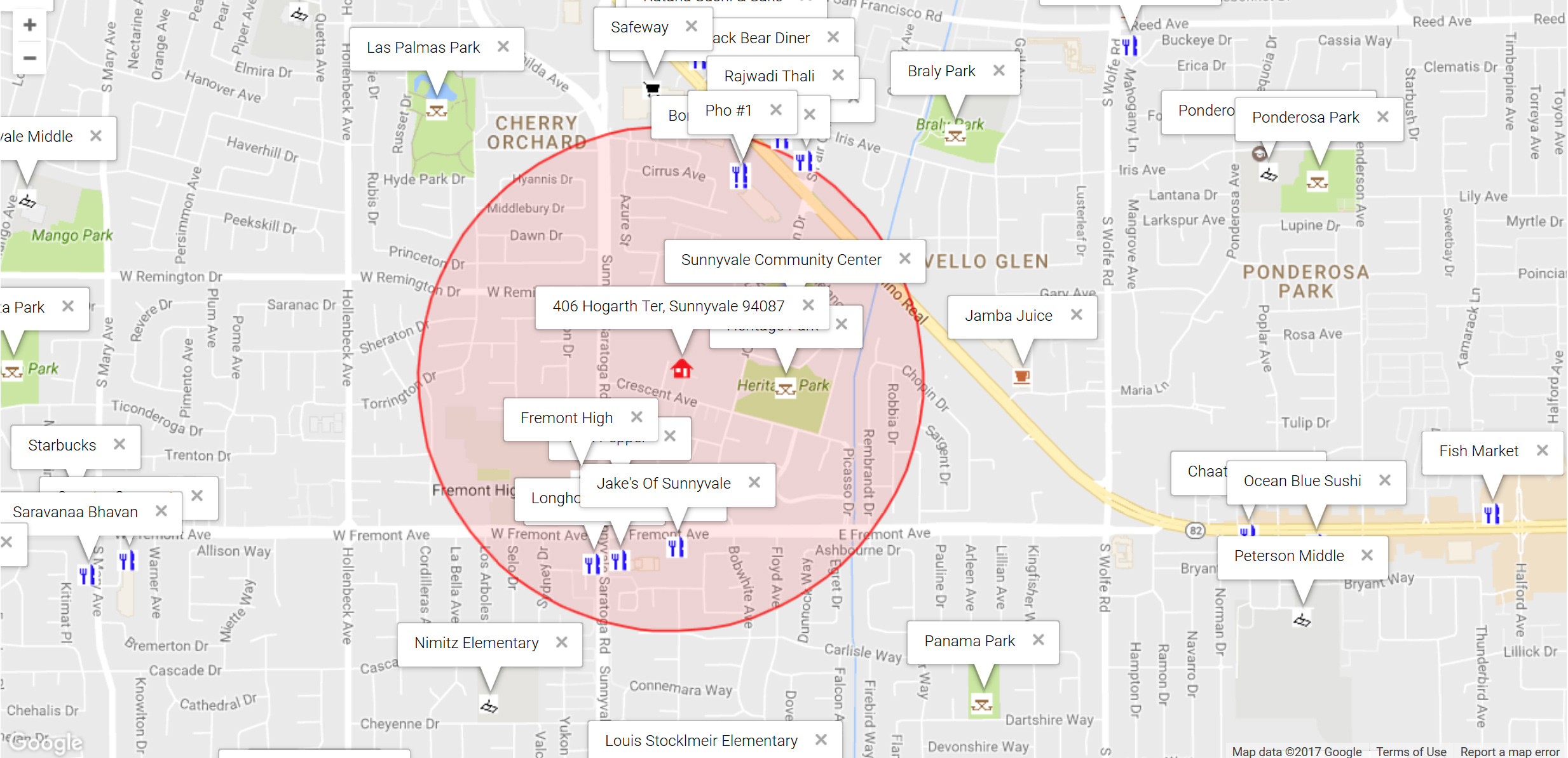 Map of attractions near 406 Hogarth Ter, Sunnyvale 94087
