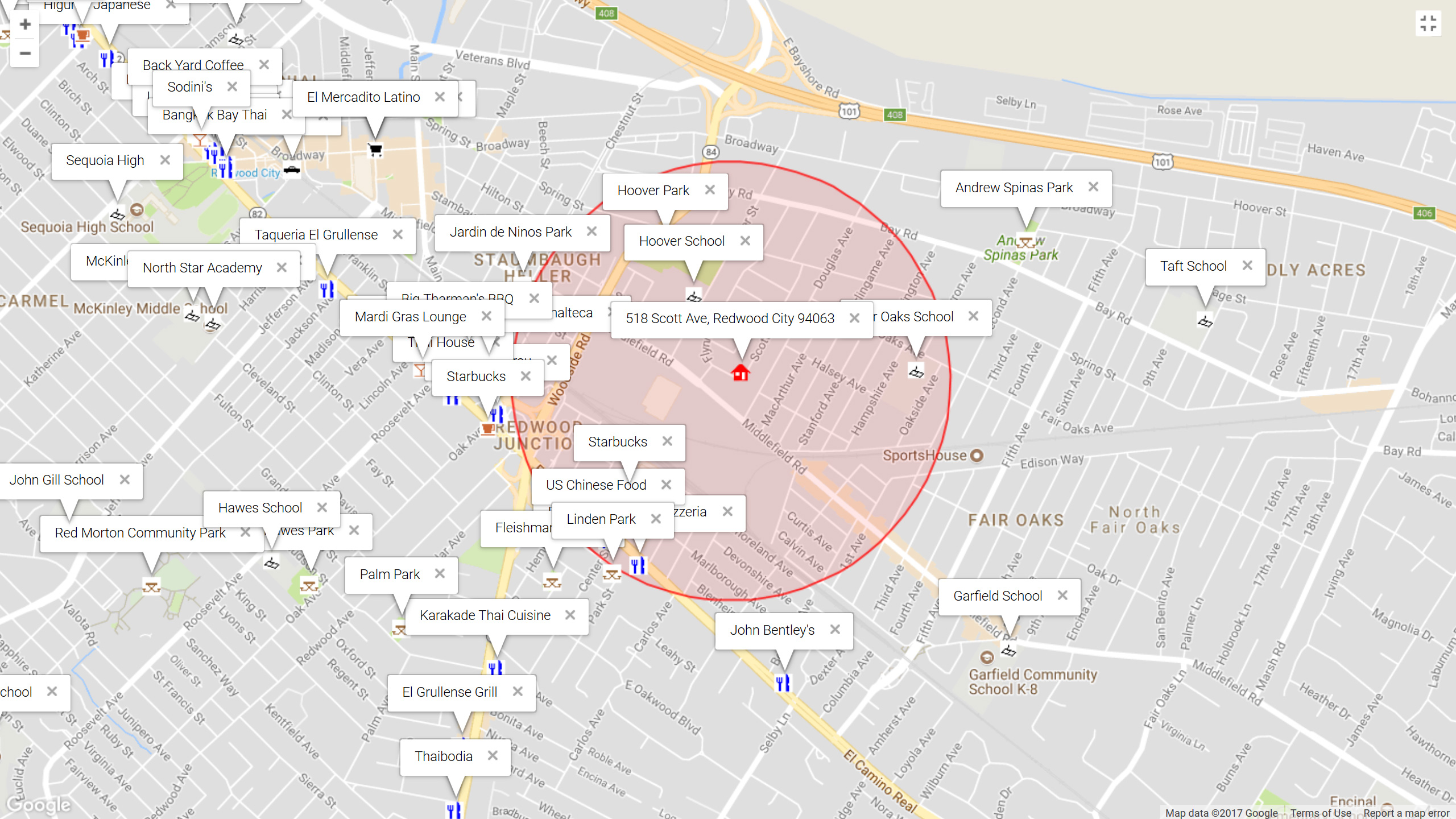 Map of attractions near 518 Scott Ave, Redwood City 94063