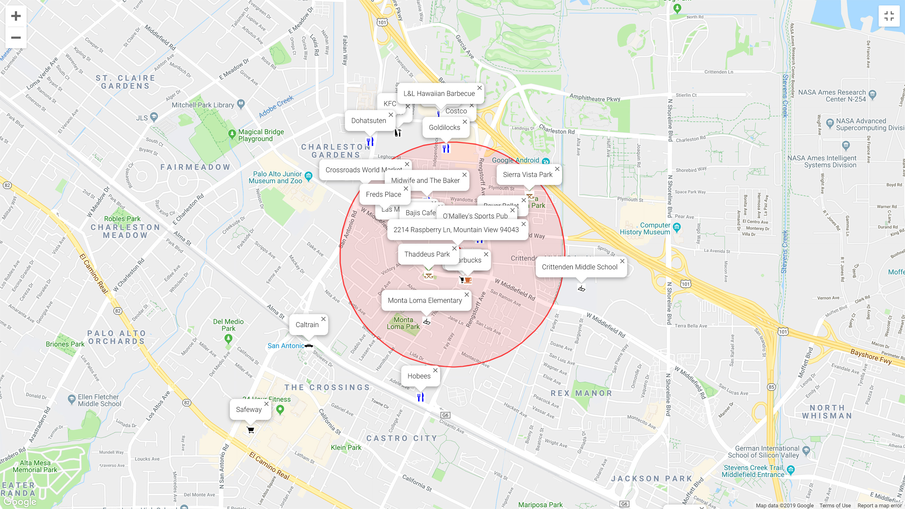 Map of attractions near 2214 Raspberry Ln, Mountain View 94043