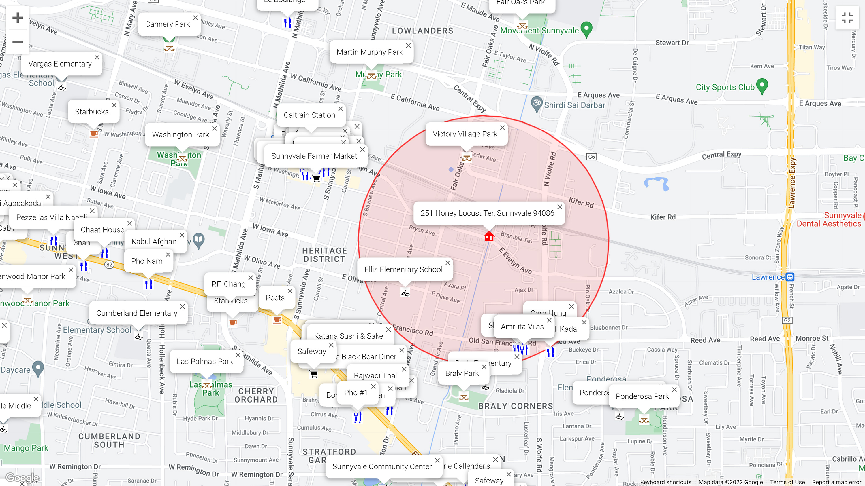Map of attractions near 251 Honey Locust Ter, Sunnyvale 94086