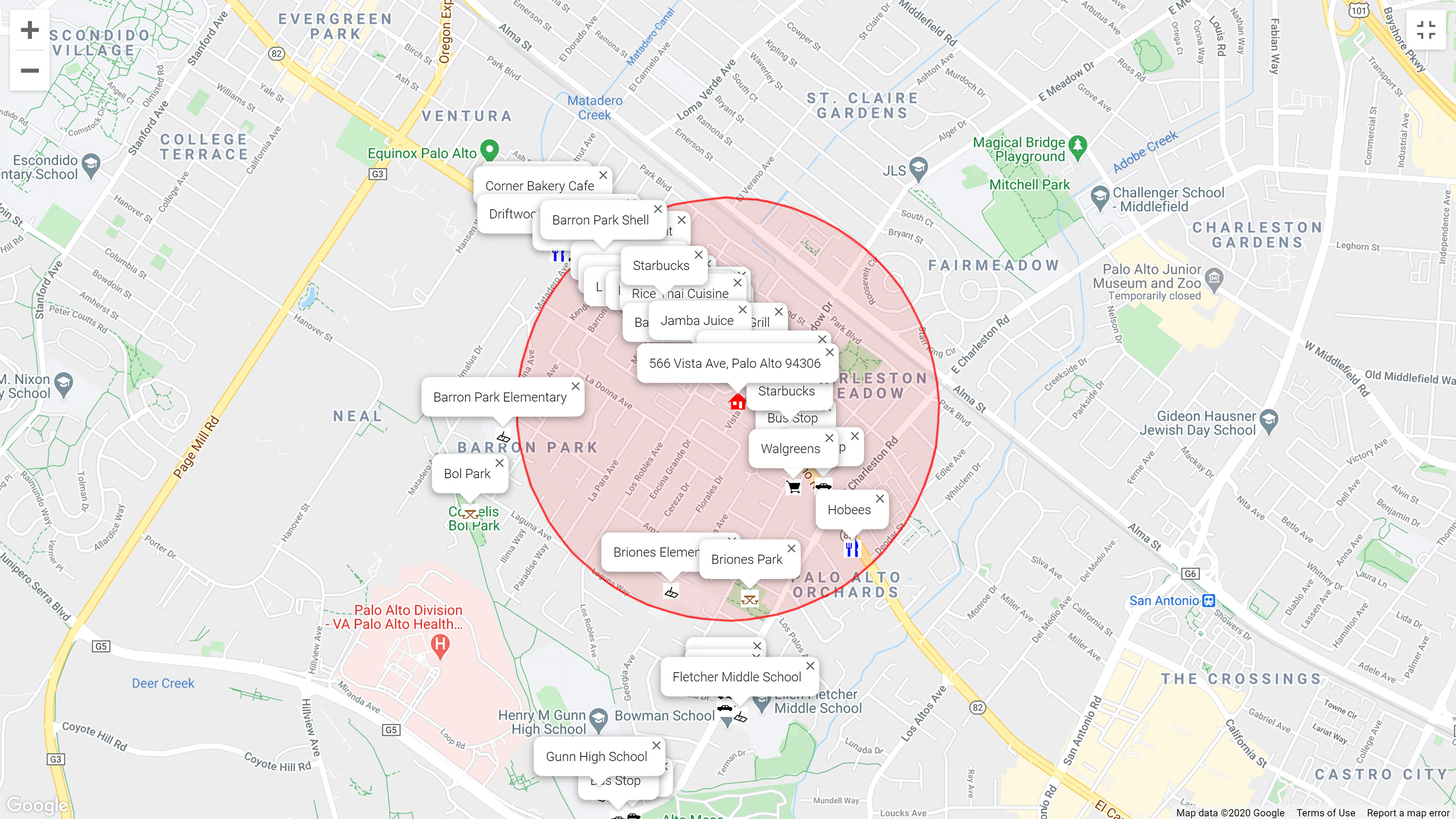 Map of attractions near 566 Vista Ave, Palo Alto 94306