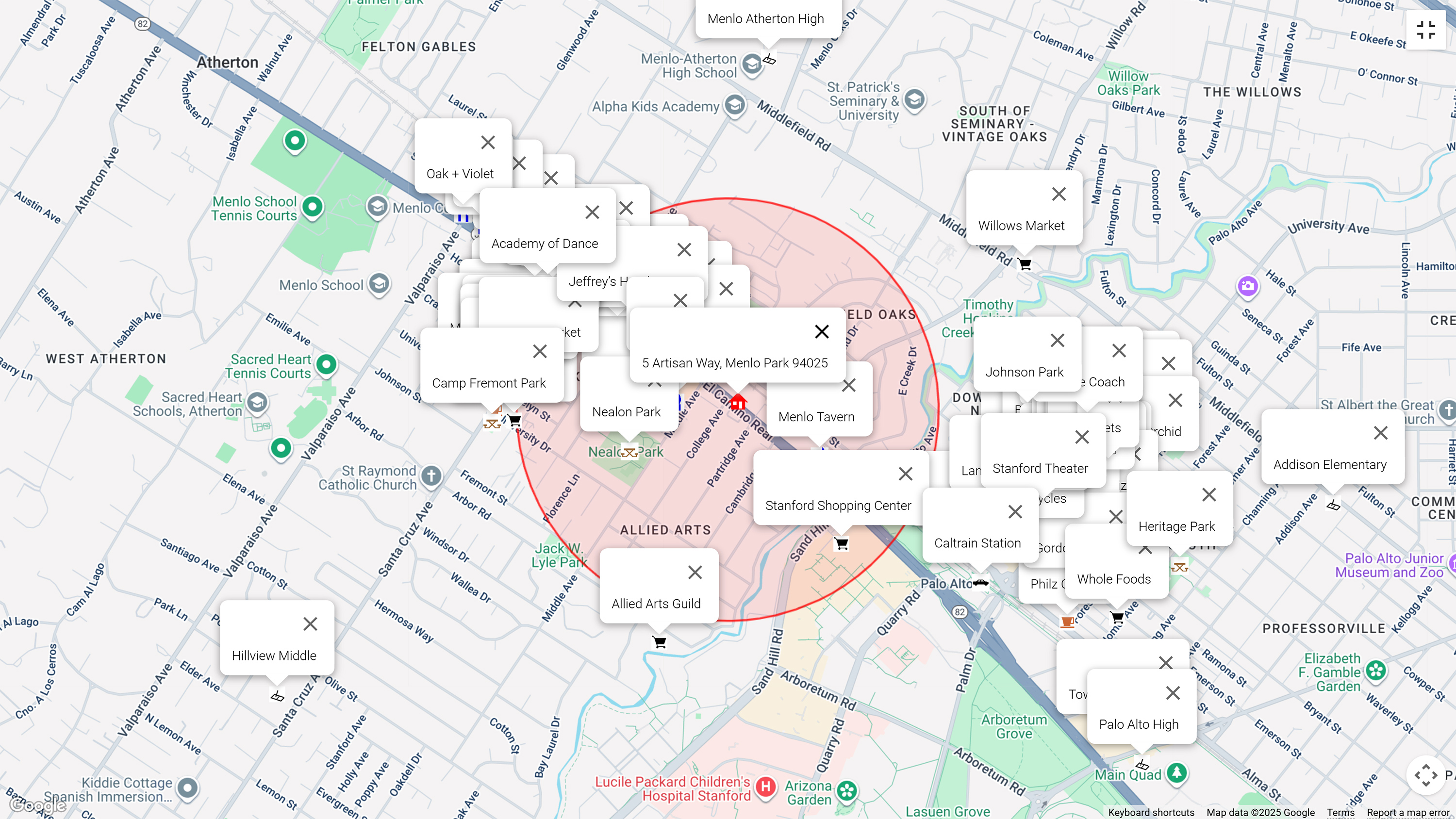 Map of attractions near 5 Artisan Way, Menlo Park 94025