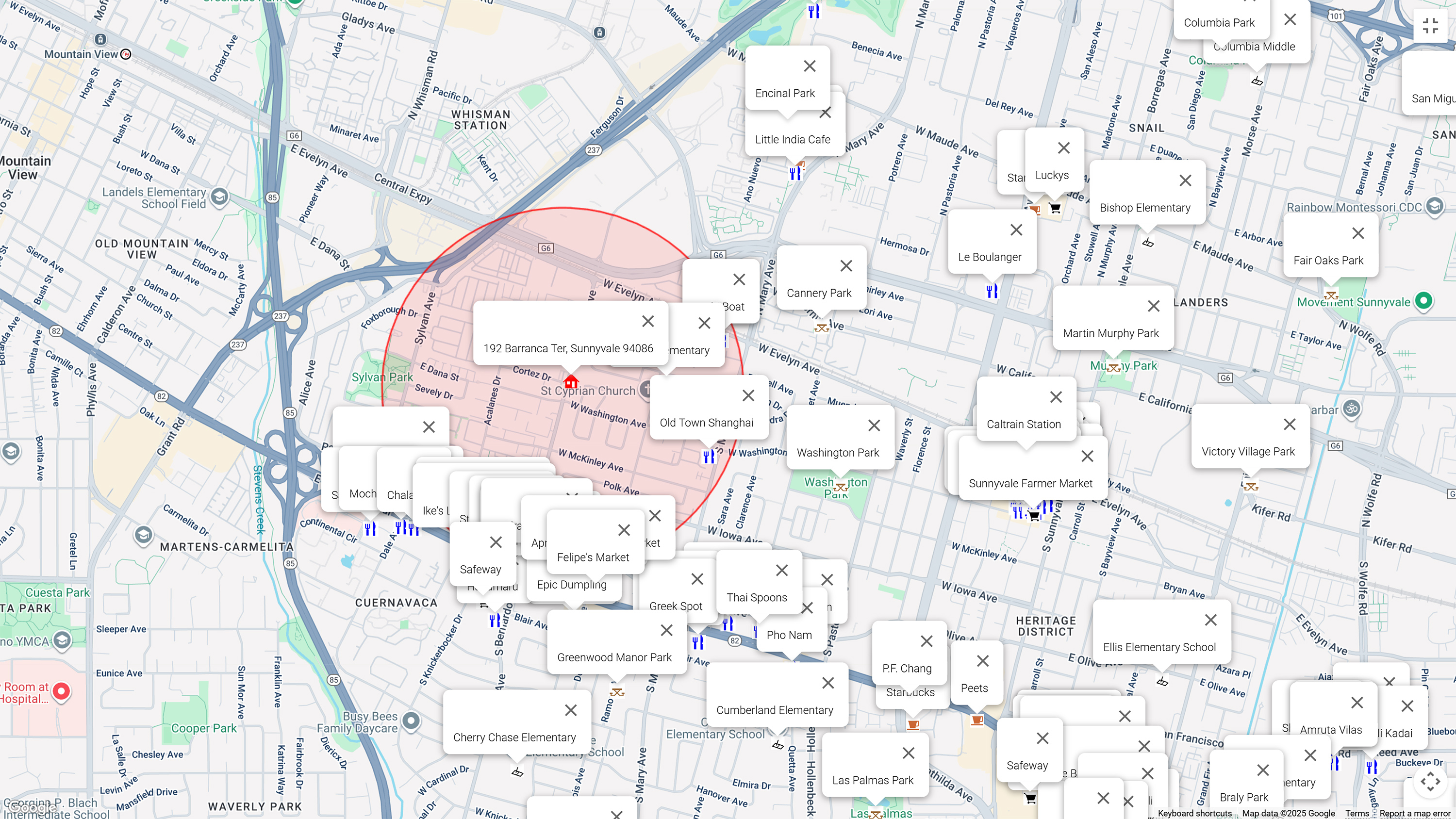 Map of attractions near 192 Barranca Ter, Sunnyvale 94086