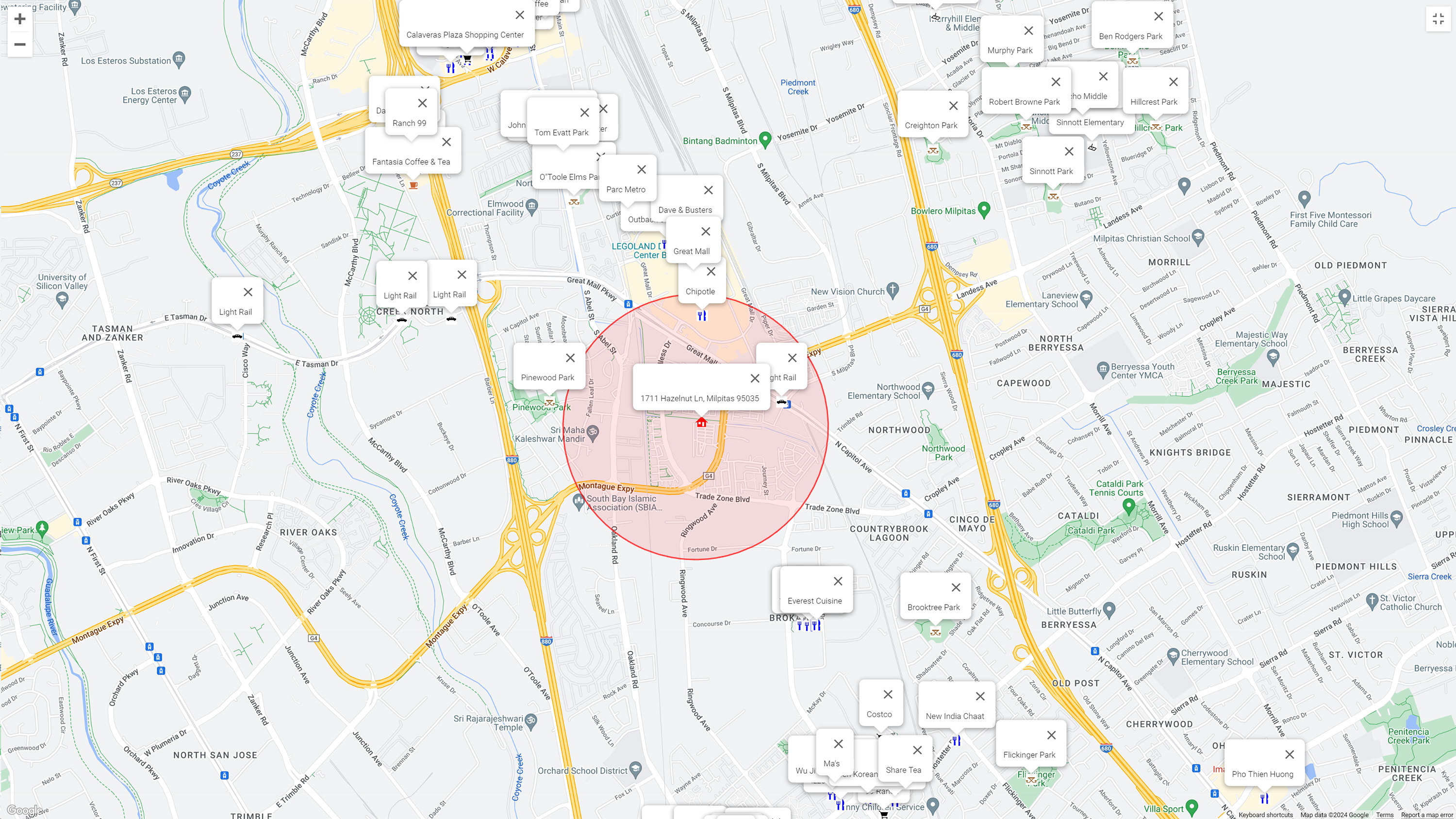 Map of attractions near 1711 Hazelnut Ln, Milpitas 95035