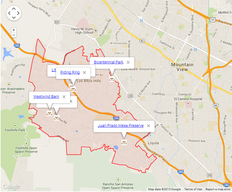 Map of Los Altos Hills showing parks