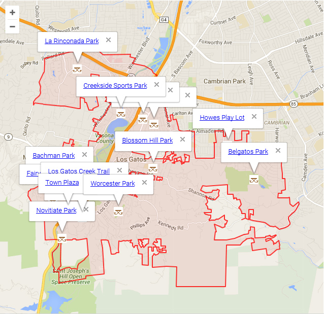 Map of Los Gatos showing parks