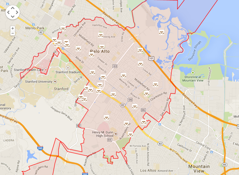 Map of Palo Alto showing parks