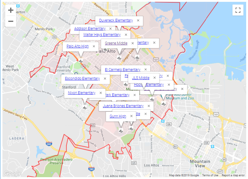 Map of Palo Alto Schools