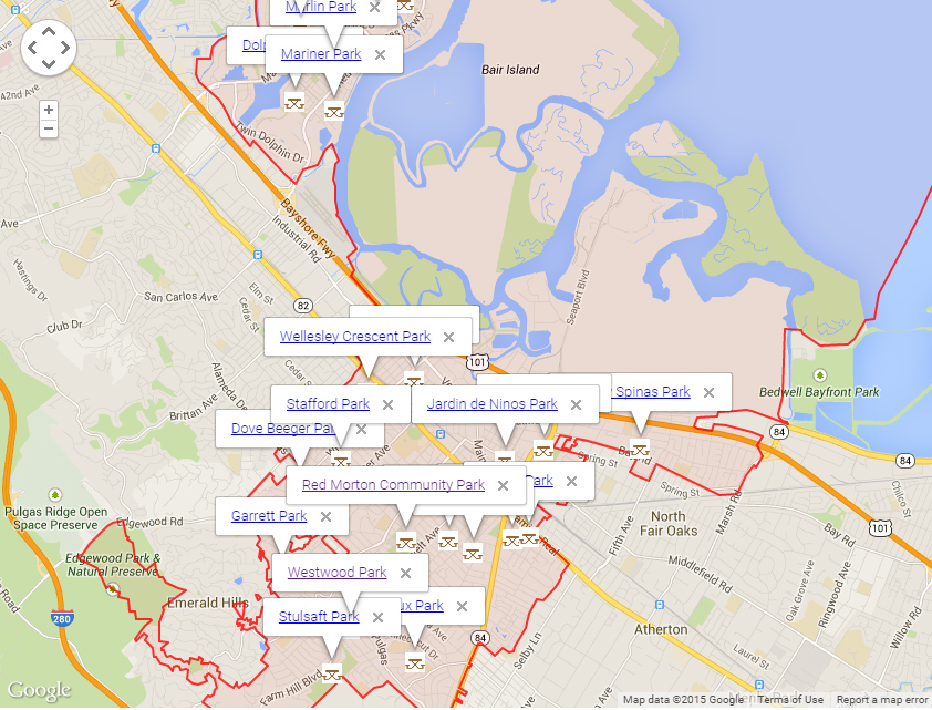 Map of Redwood City showing parks