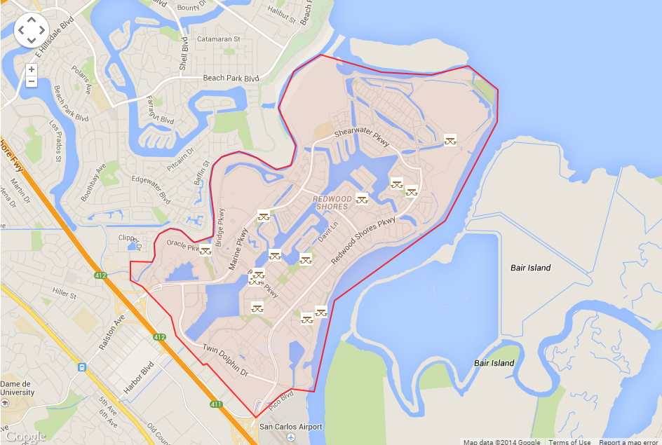 Map of Redwood Shores showing parks