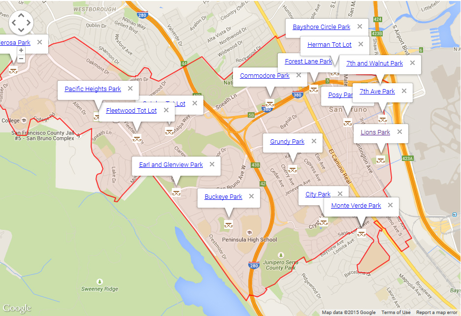 Map of San Bruno showing parks