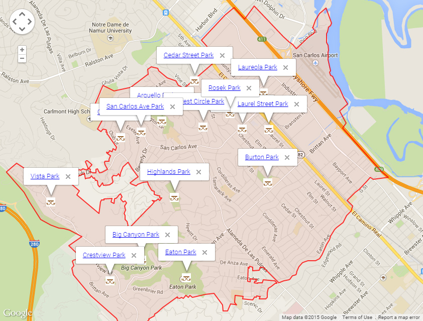 Map of San Carlos showing parks