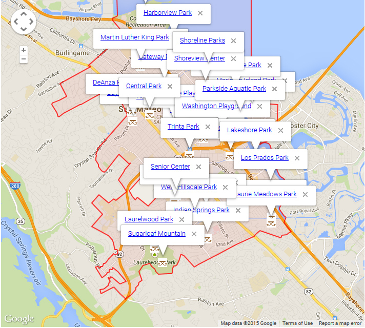 Map of San Mateo showing parks