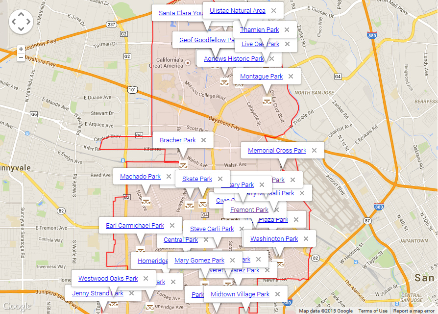 Map of Santa Clara showing parks